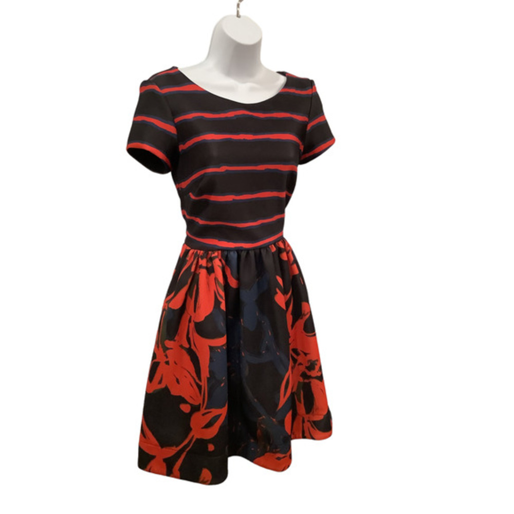 Taylor‎ Navy and Red Striped and Floral Fit & Flare Dress SIZE 6